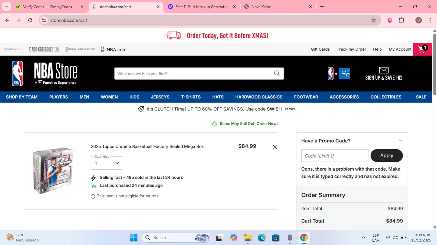 NBA League Pass promo code screenshot showing code HYPE applied at NBA League Pass checkout page. Uploaded by SimplyCodes community member MightyPilot3700 on Dec 13, 2025