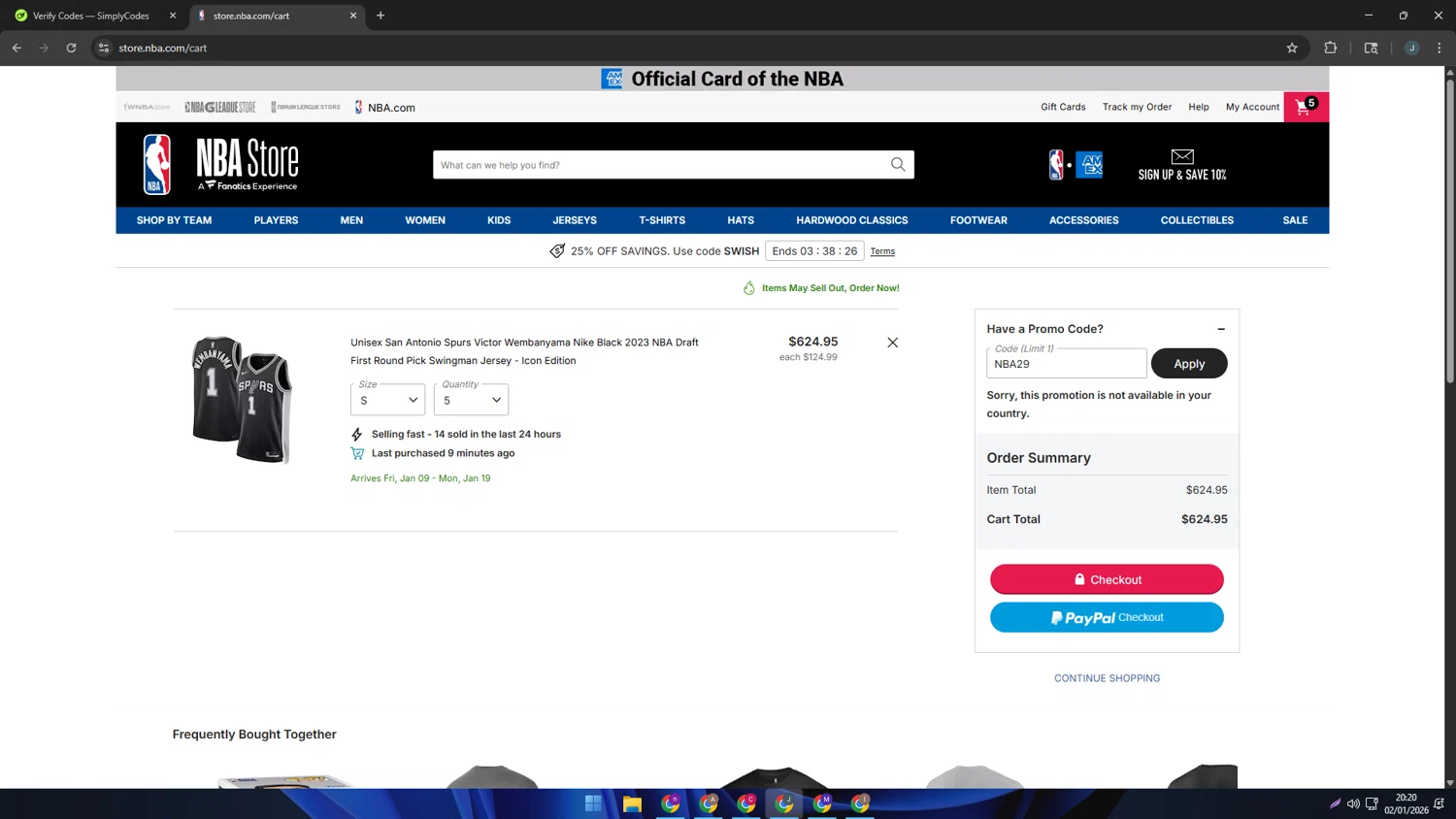 NBA League Pass promo code screenshot showing code NBA29 applied at NBA League Pass checkout page. Uploaded by SimplyCodes community member AVATIGRITO on Jan 3, 2026