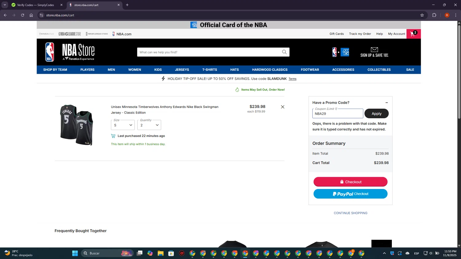 NBA League Pass promo code screenshot showing code NBA29 applied at NBA League Pass checkout page. Uploaded by SimplyCodes community member MagnificentExpert2705 on Nov 10, 2025