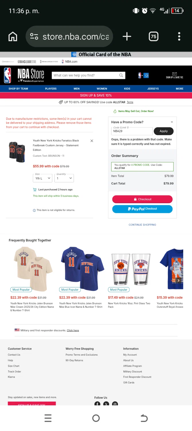 NBA League Pass promo code screenshot showing code NBA29 applied at NBA League Pass checkout page. Uploaded by SimplyCodes community member Ryan_Garcia on Feb 16, 2026