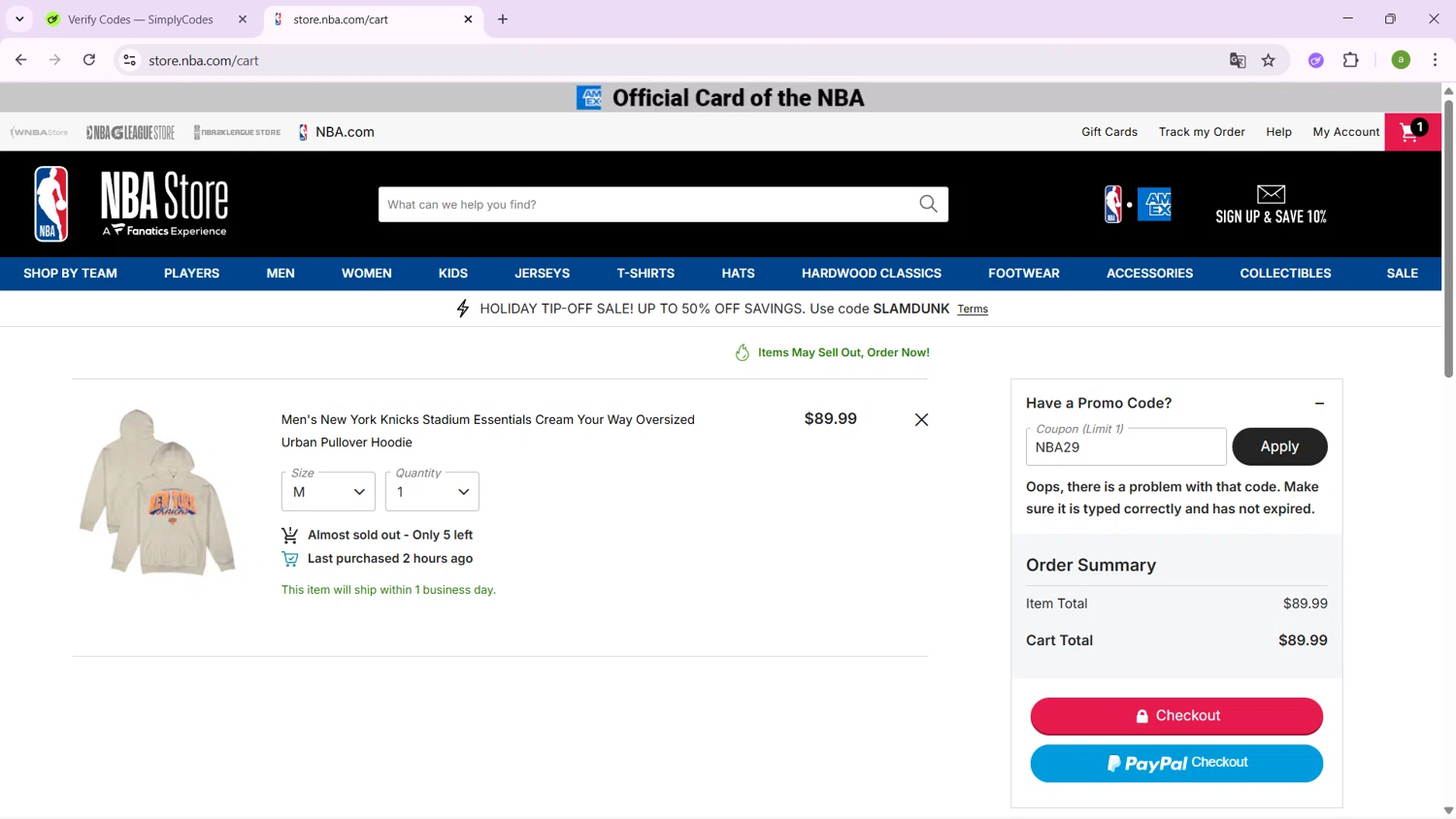 NBA League Pass promo code screenshot showing code NBA29 applied at NBA League Pass checkout page. Uploaded by SimplyCodes community member SavingsHero9122 on Nov 10, 2025