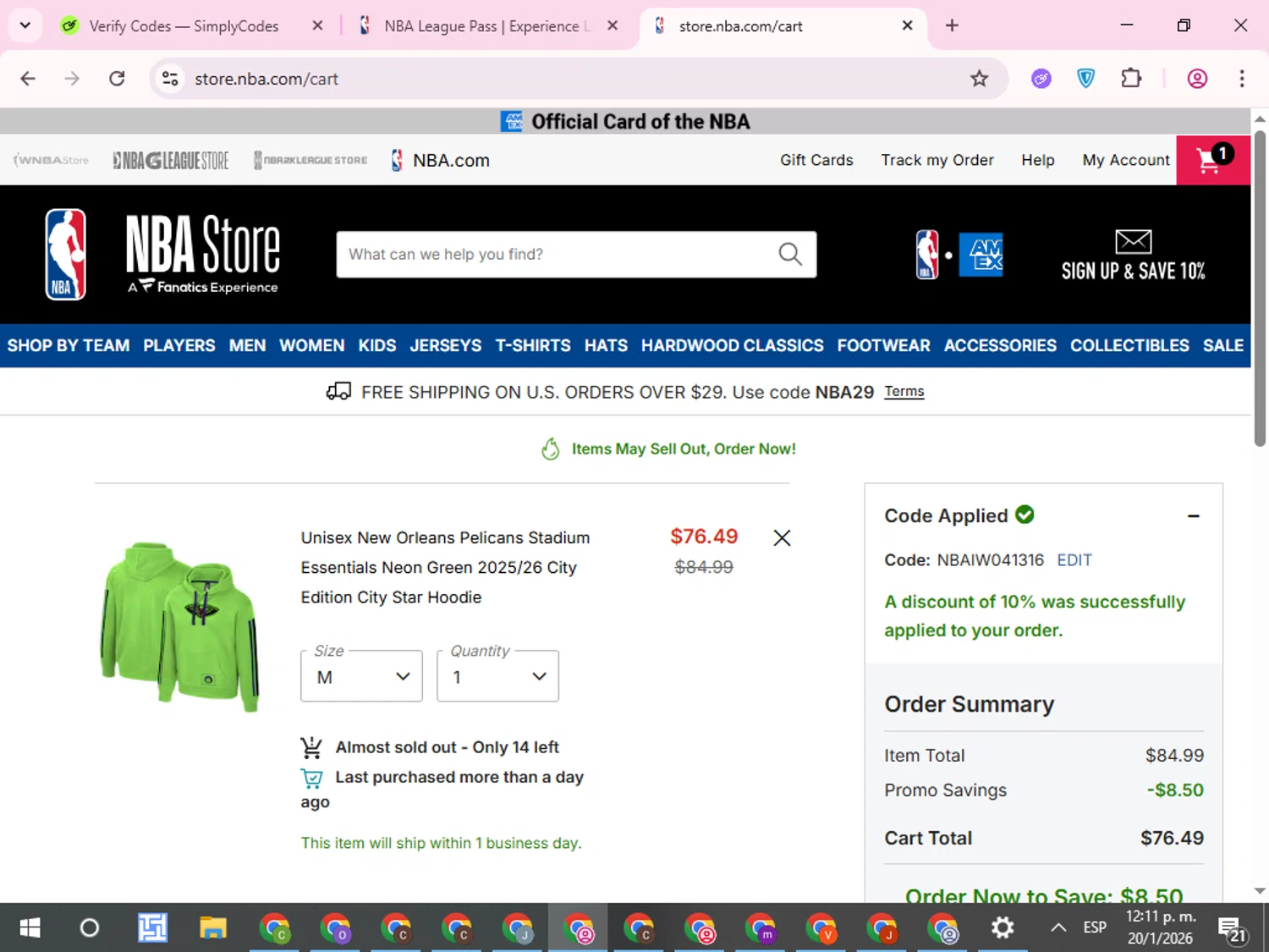 NBA League Pass promo code screenshot showing code NBAIW041316 applied at NBA League Pass checkout page. Uploaded by SimplyCodes community member QuestCurator1644 on Jan 20, 2026