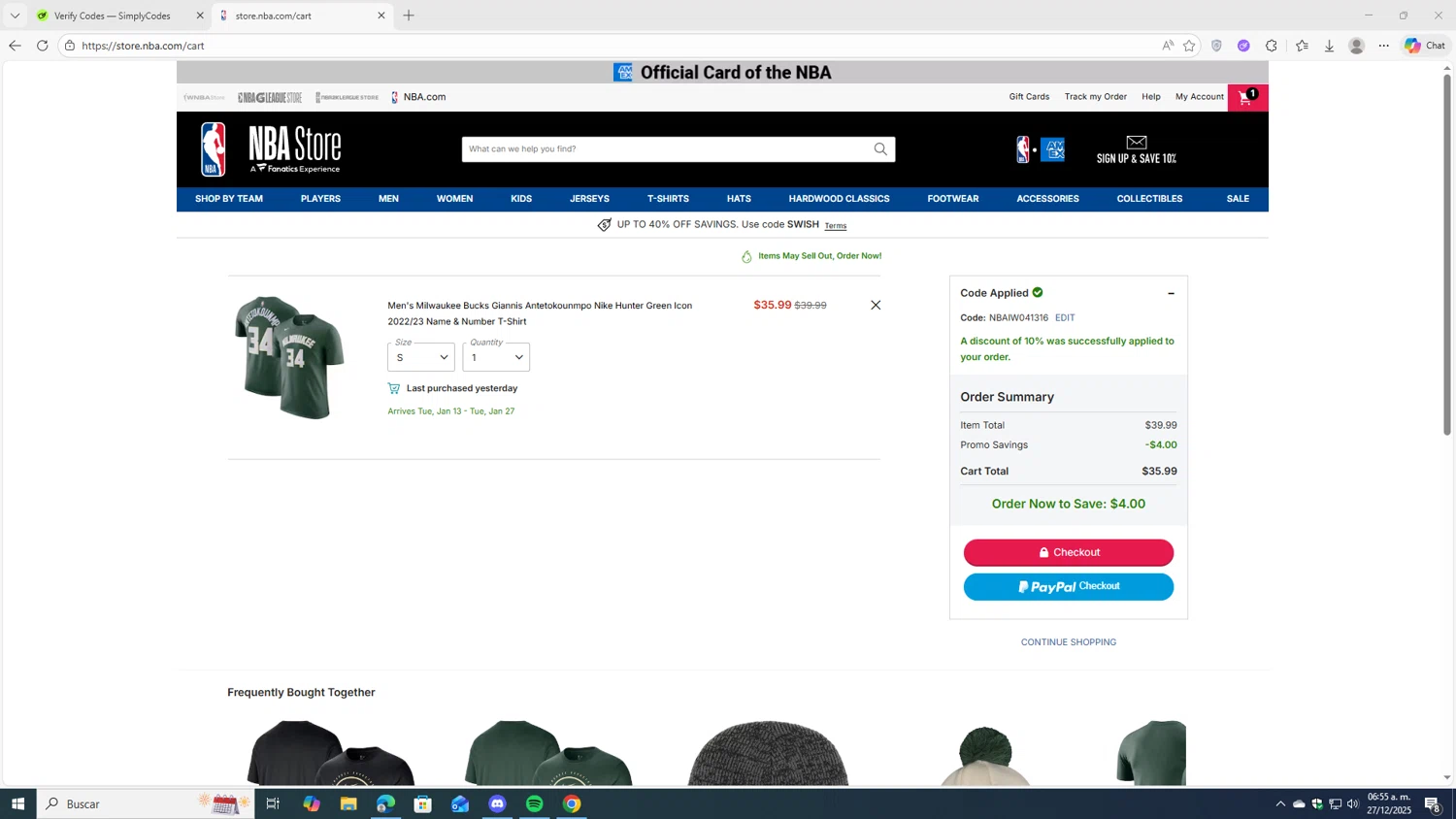 NBA League Pass promo code screenshot showing code NBAIW041316 applied at NBA League Pass checkout page. Uploaded by SimplyCodes community member fjkdjkldsf on Dec 27, 2025
