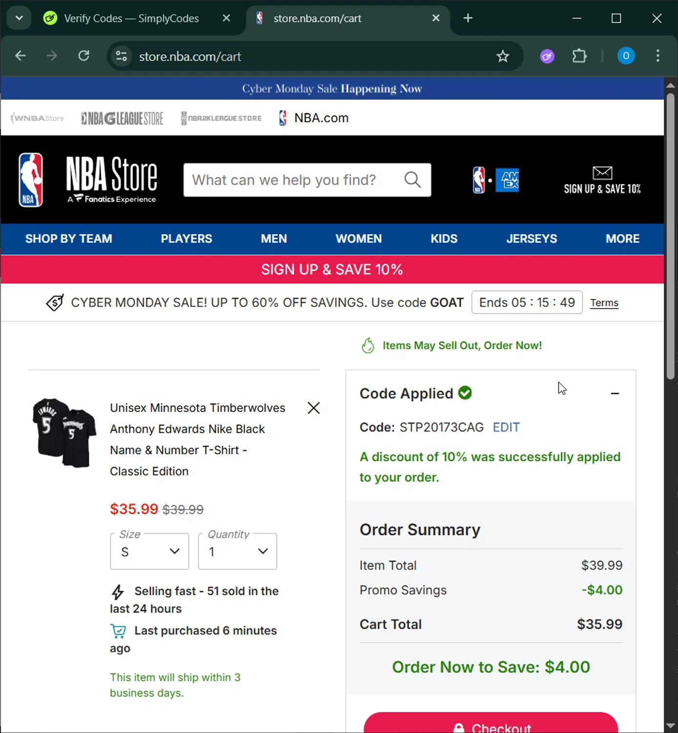 NBA League Pass promo code screenshot showing code STP20173CAG applied at NBA League Pass checkout page. Uploaded by SimplyCodes community member _____________ on Dec 1, 2025