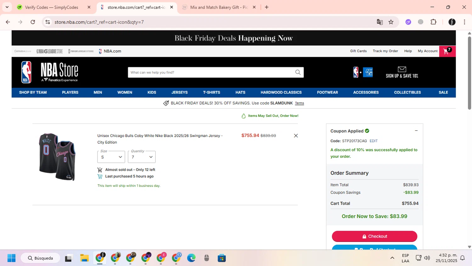 NBA League Pass promo code screenshot showing code STP20173CAG applied at NBA League Pass checkout page. Uploaded by SimplyCodes community member ChinoYugiXD on Nov 25, 2025
