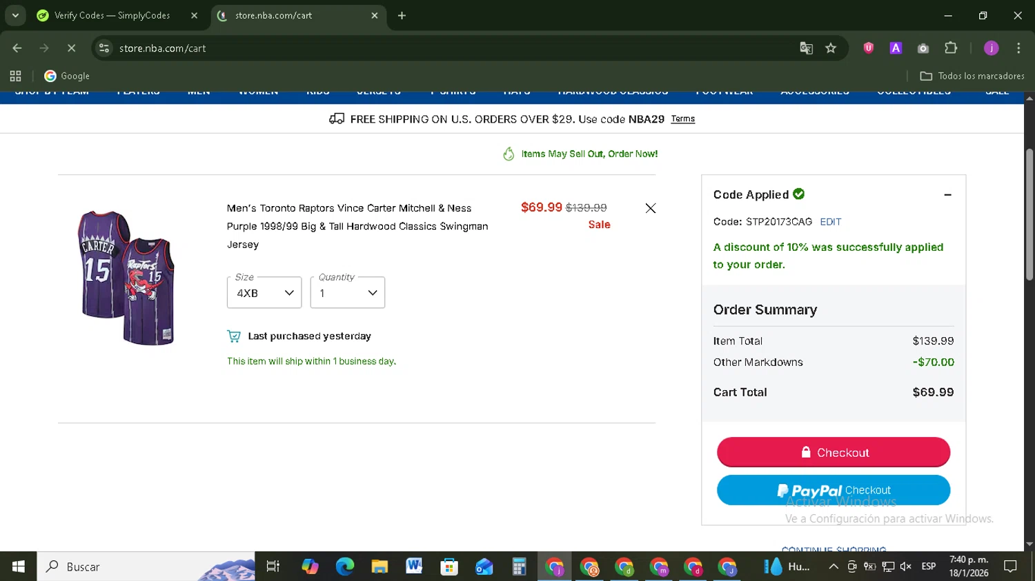 NBA League Pass promo code screenshot showing code STP20173CAG applied at NBA League Pass checkout page. Uploaded by SimplyCodes community member Tazbravo on Jan 18, 2026