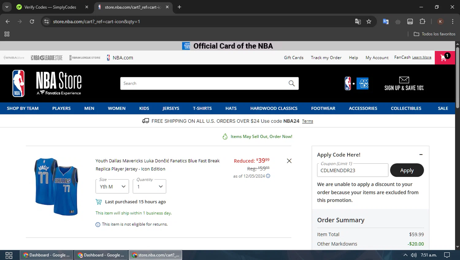 NBA League Pass promo code screenshot showing code CDLMENDDR23 applied at NBA League Pass checkout page. Uploaded by SimplyCodes community member MoneyPioneer4925 on Apr 12, 2025
