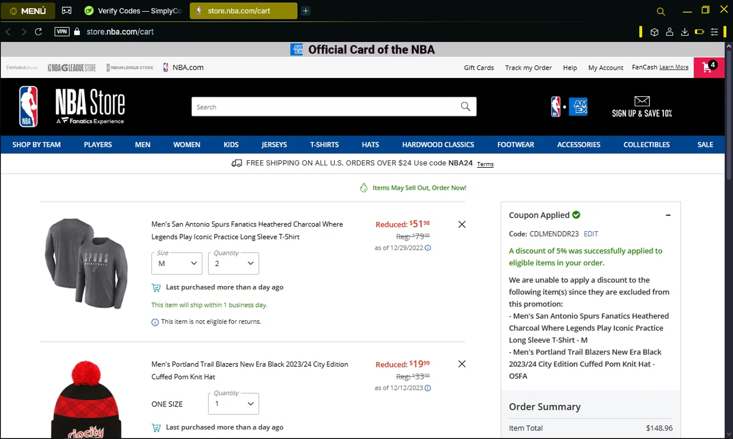 NBA League Pass promo code screenshot showing code CDLMENDDR23 applied at NBA League Pass checkout page. Uploaded by SimplyCodes community member omarelpollo on Apr 12, 2025