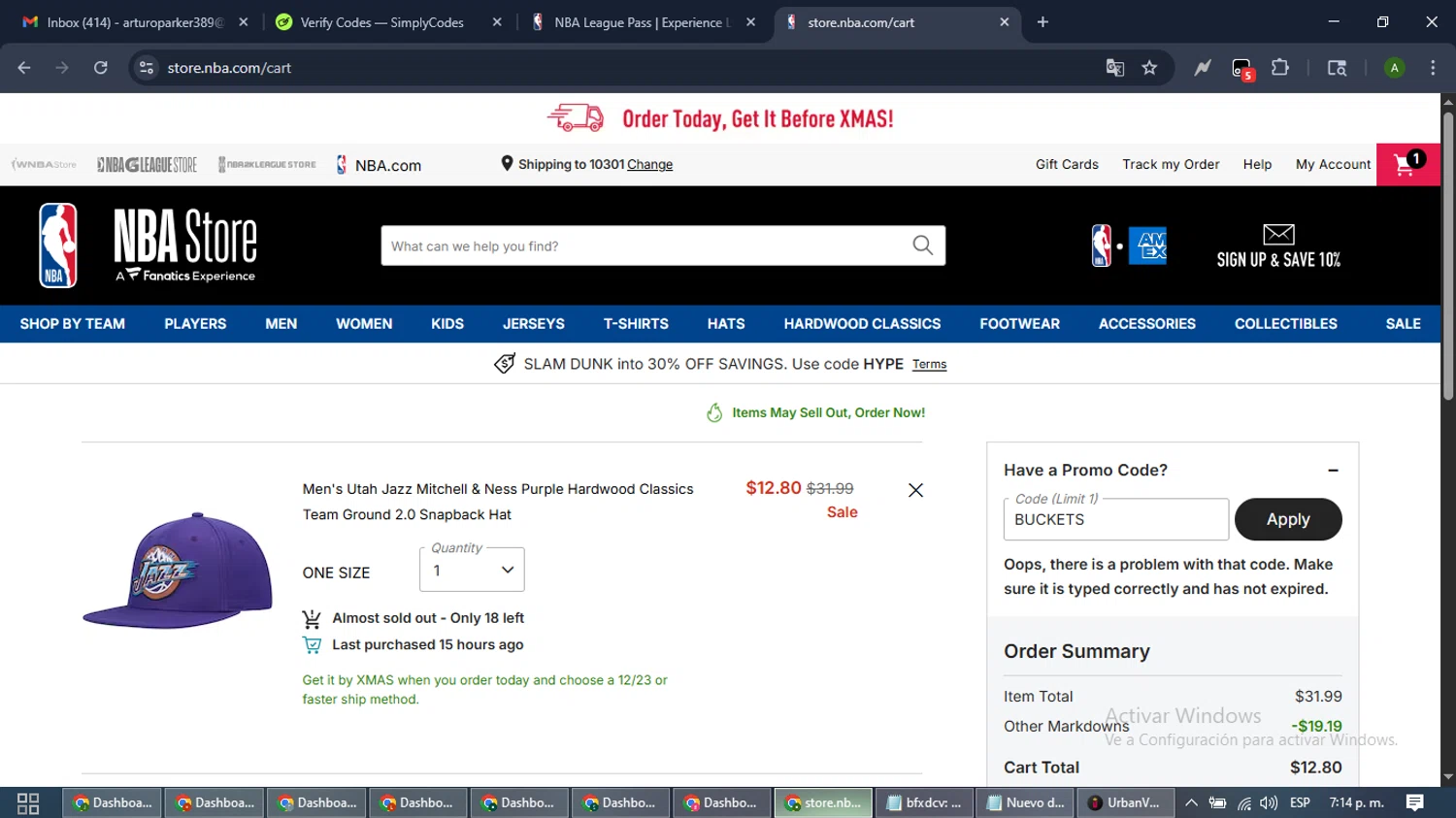 NBA League Pass promo code screenshot showing code BUCKETS applied at NBA League Pass checkout page. Uploaded by SimplyCodes community member CashLynx5338 on Dec 11, 2025