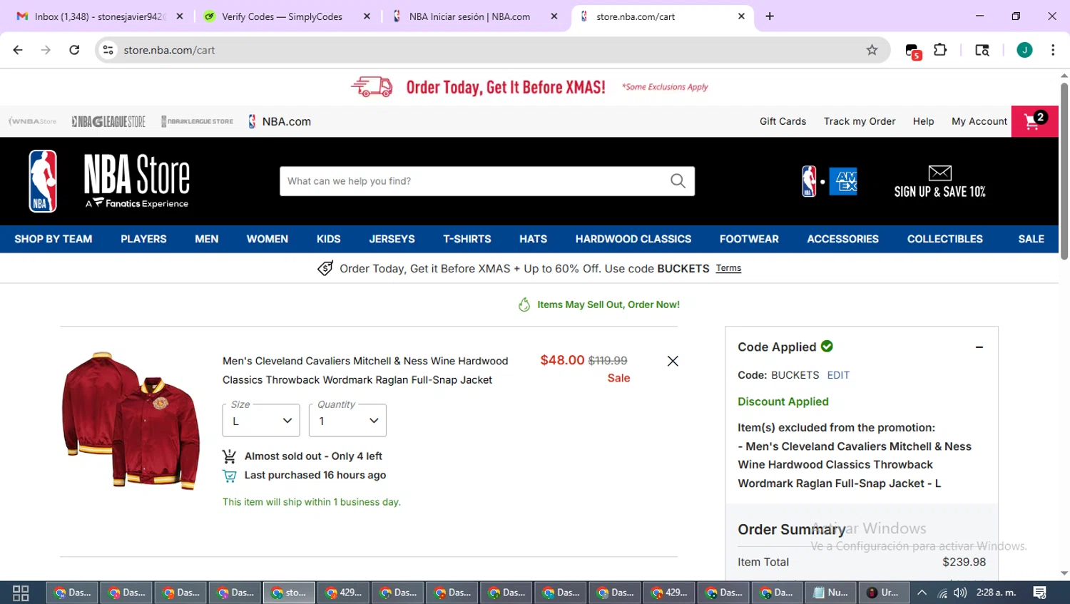 NBA League Pass promo code screenshot showing code BUCKETS applied at NBA League Pass checkout page. Uploaded by SimplyCodes community member SavvyCurator1770 on Dec 19, 2025