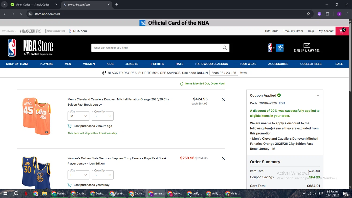 NBA League Pass promo code screenshot showing code 20nbawe20 applied at NBA League Pass checkout page. Uploaded by SimplyCodes community member ComeBurra123 on Nov 24, 2025