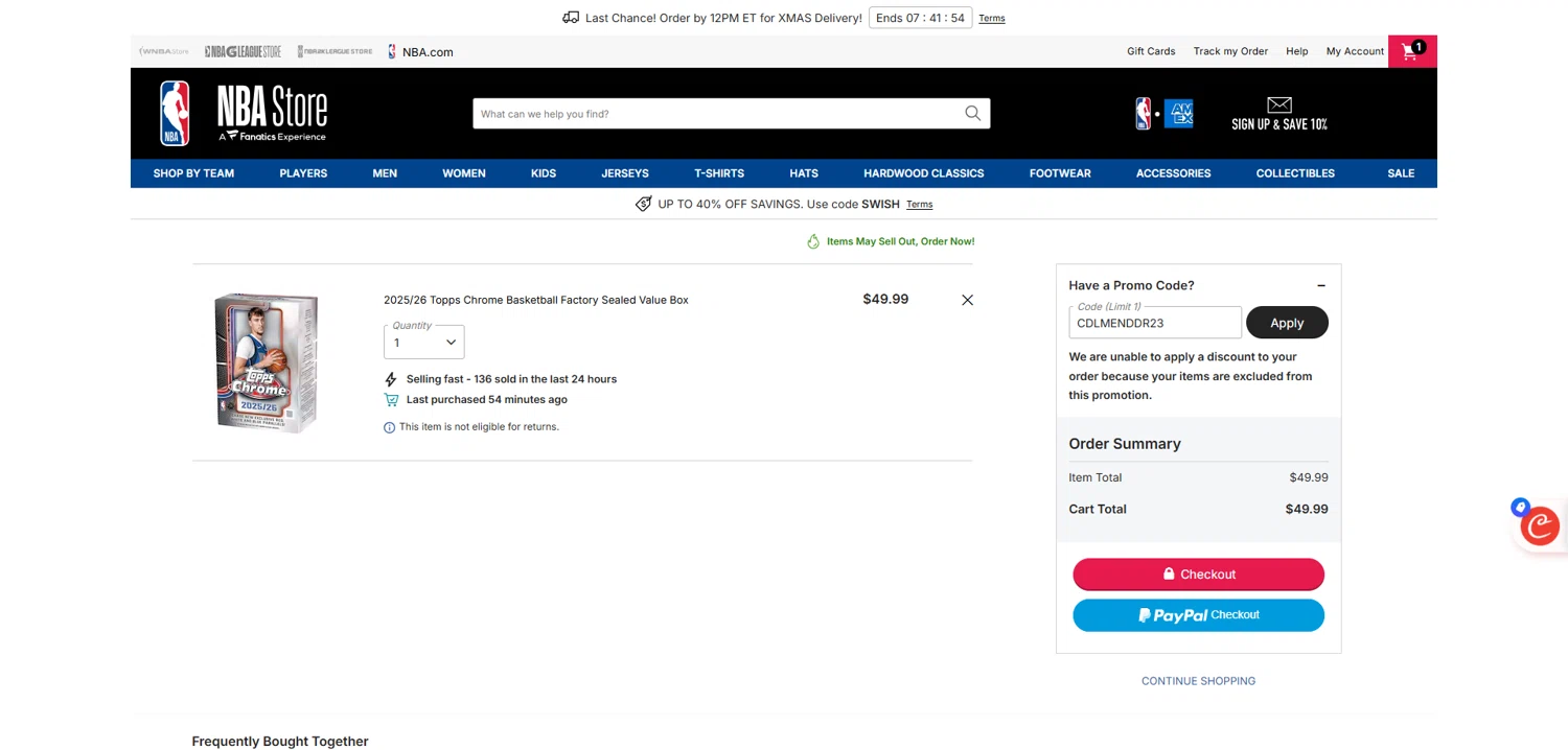 NBA League Pass promo code screenshot showing code CDLMENDDR23 applied at NBA League Pass checkout page. Uploaded by SimplyCodes community member Dorothy on Dec 22, 2025
