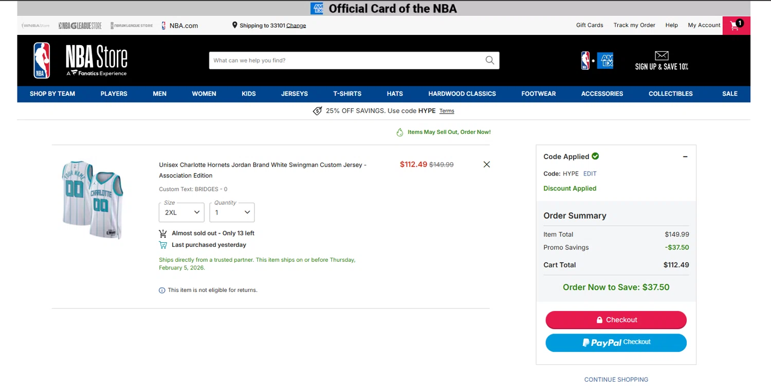 NBA League Pass promo code screenshot showing code HYPE applied at NBA League Pass checkout page. Uploaded by SimplyCodes community member Dulce__ on Jan 15, 2026