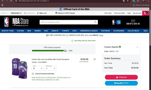 NBA checkout page showing NBA promo code box | Screenshot taken by SimplyCodes community member on Sep 2, 2025