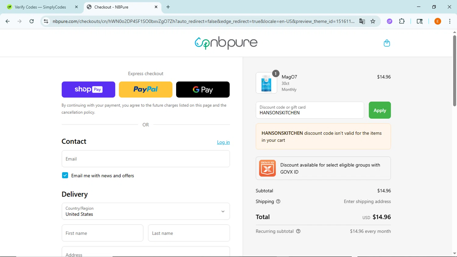 NB Pure promo code screenshot showing code HANSONSKITCHEN applied at NB Pure checkout page. Uploaded by SimplyCodes community member BudgetFox5491 on Jul 19, 2025