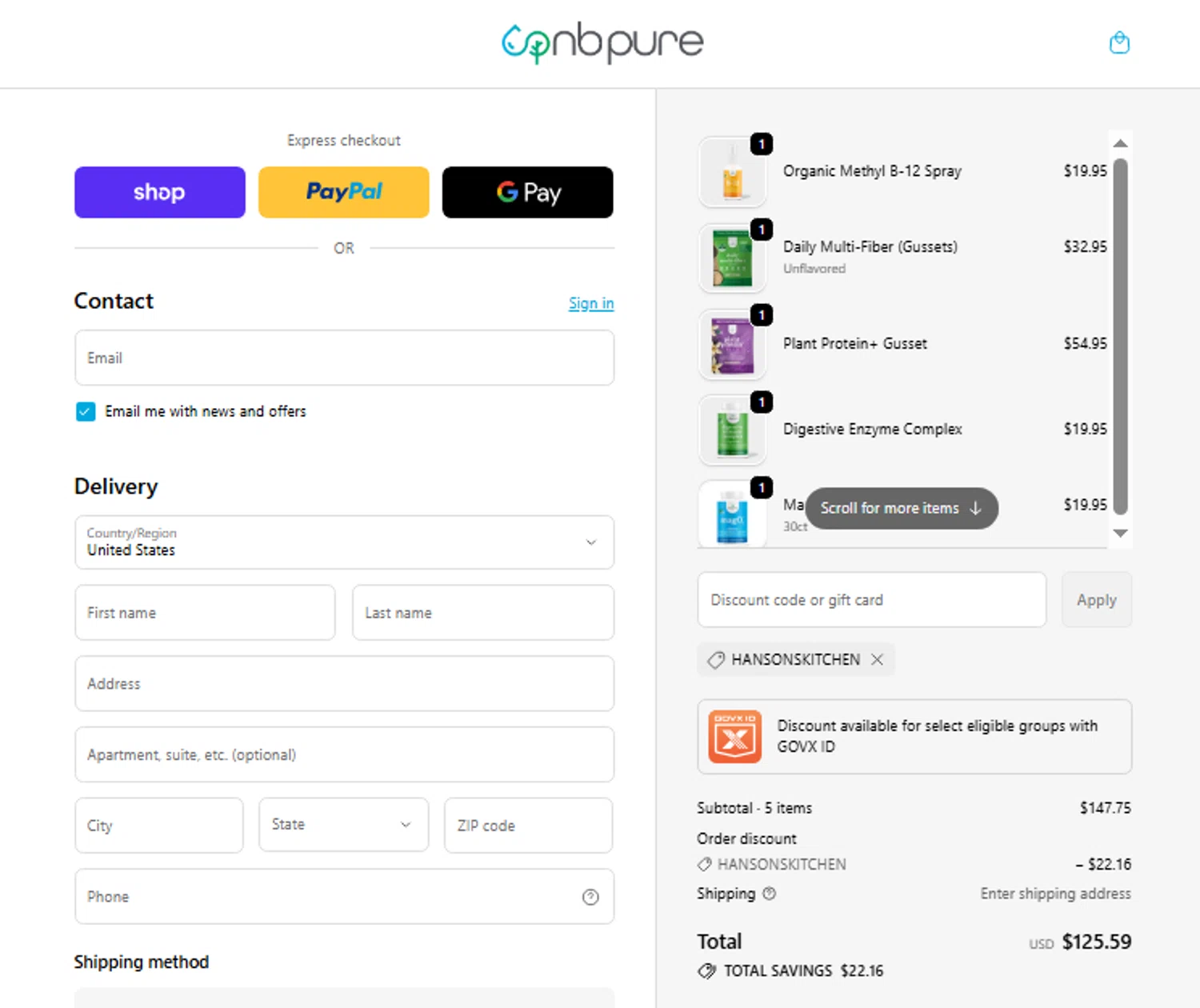 NB Pure promo code screenshot showing code HANSONSKITCHEN applied at NB Pure checkout page. Uploaded by SimplyCodes community member SwiftShopper8601 on Nov 15, 2025