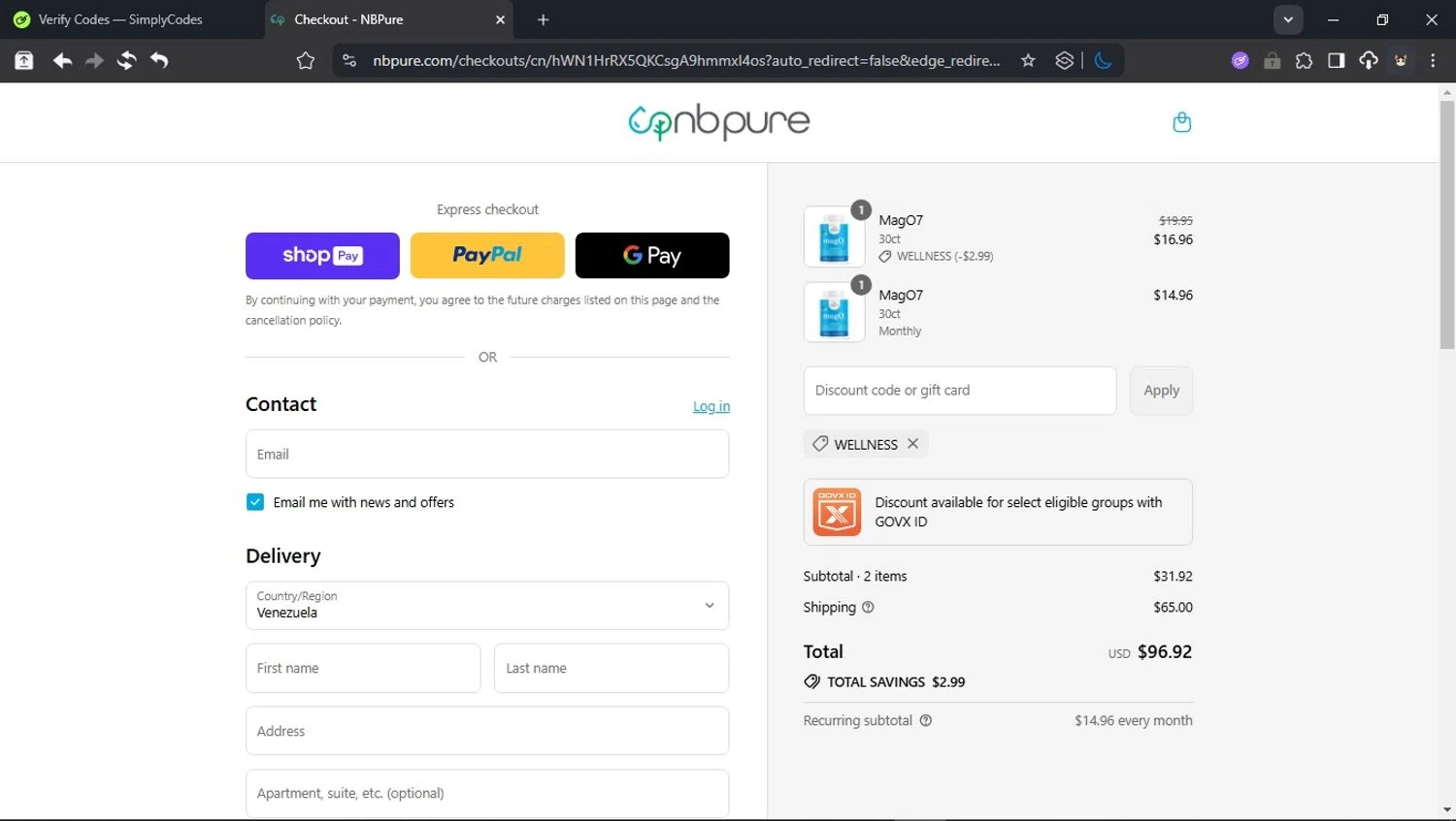NB Pure promo code screenshot showing code WELLNESS applied at NB Pure checkout page. Uploaded by SimplyCodes community member BudgetCollector3125 on Aug 1, 2025