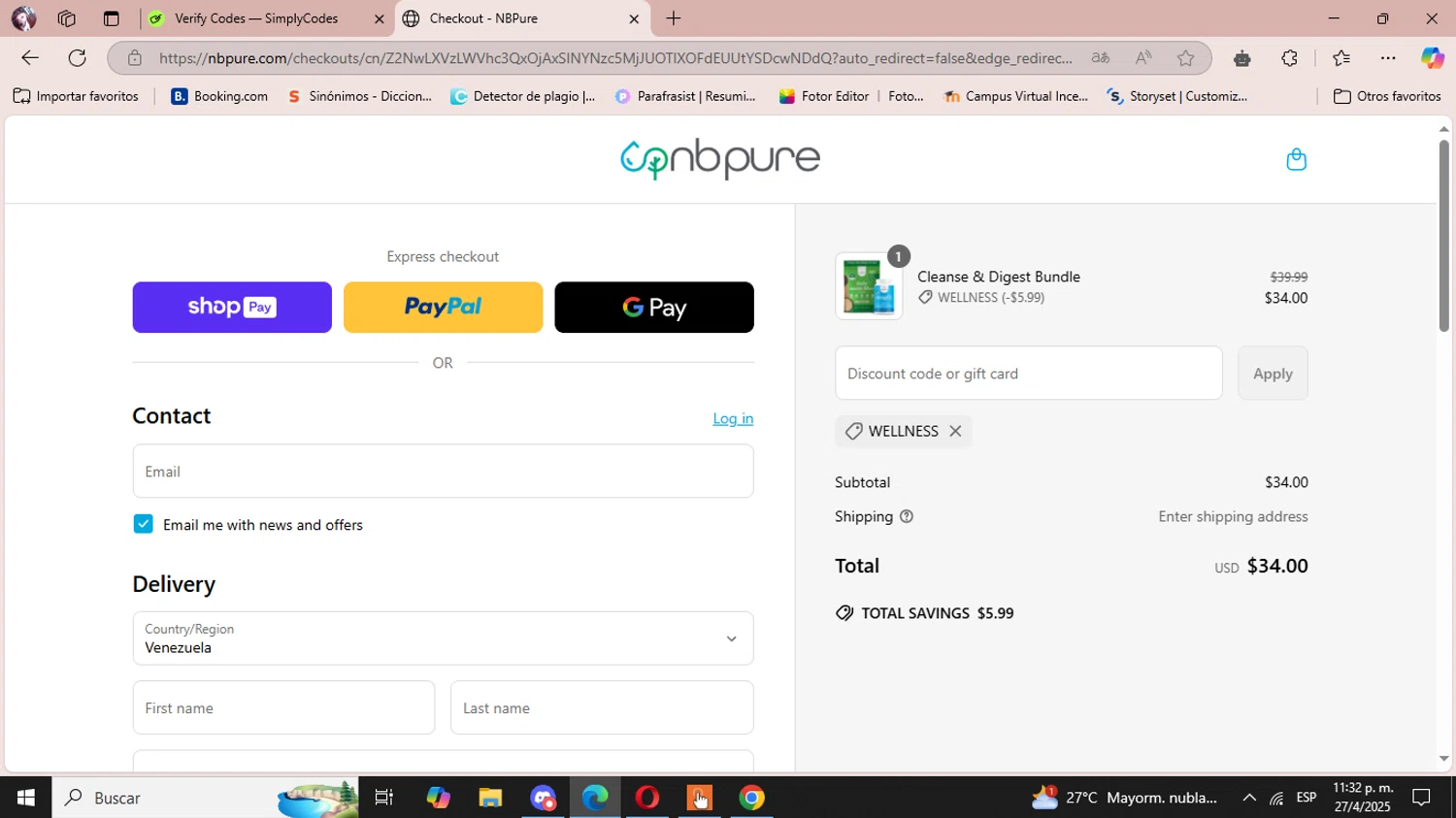 NB Pure promo code screenshot showing code WELLNESS applied at NB Pure checkout page. Uploaded by SimplyCodes community member GoldHunter7700 on Apr 28, 2025