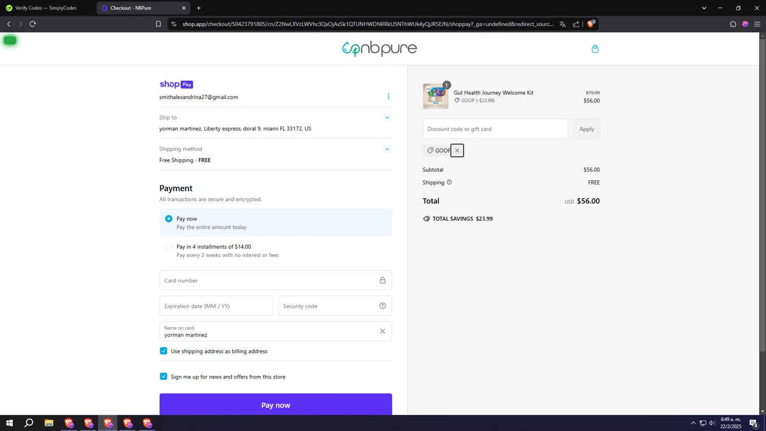 NB Pure promo code screenshot showing code GOOP applied at NB Pure checkout page. Uploaded by SimplyCodes community member usercode1234 on Feb 22, 2025