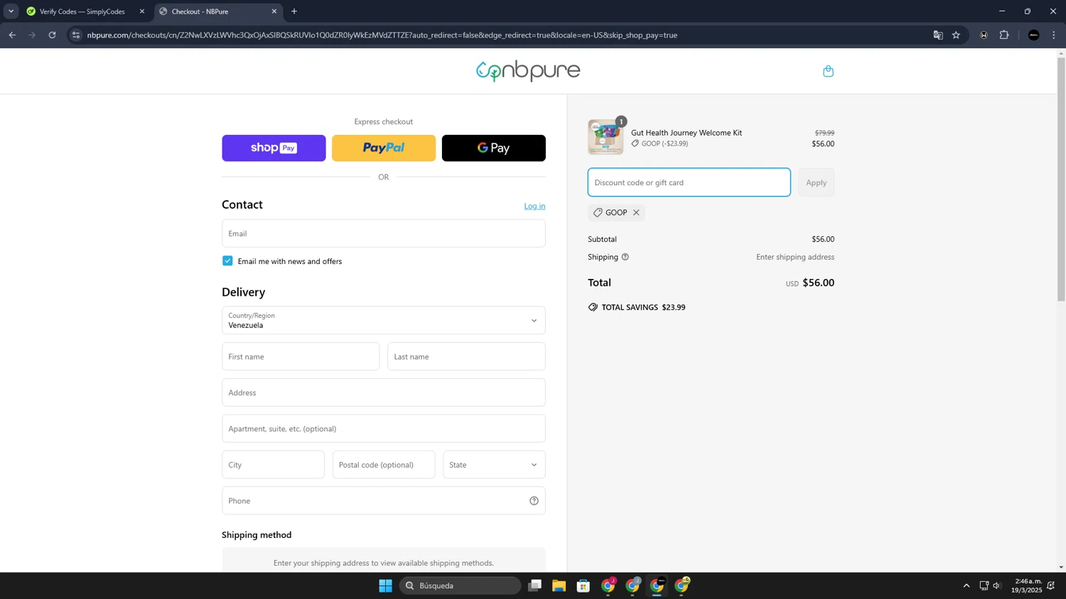 NB Pure promo code screenshot showing code GOOP applied at NB Pure checkout page. Uploaded by SimplyCodes community member JoseLocoHugo on Mar 19, 2025