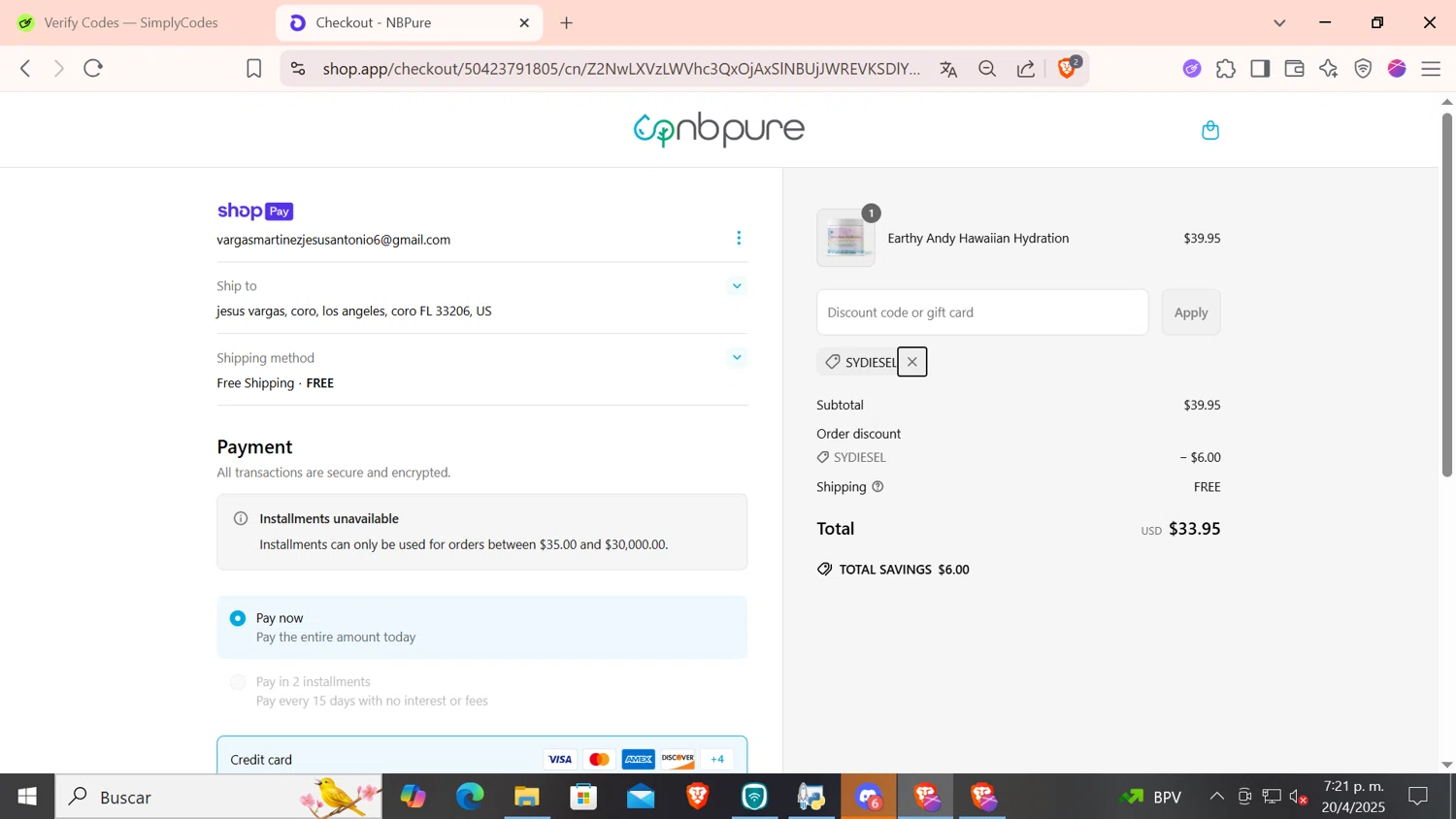 NB Pure promo code screenshot showing code SYDIESEL applied at NB Pure checkout page. Uploaded by SimplyCodes community member CODMOBILE1 on Apr 20, 2025