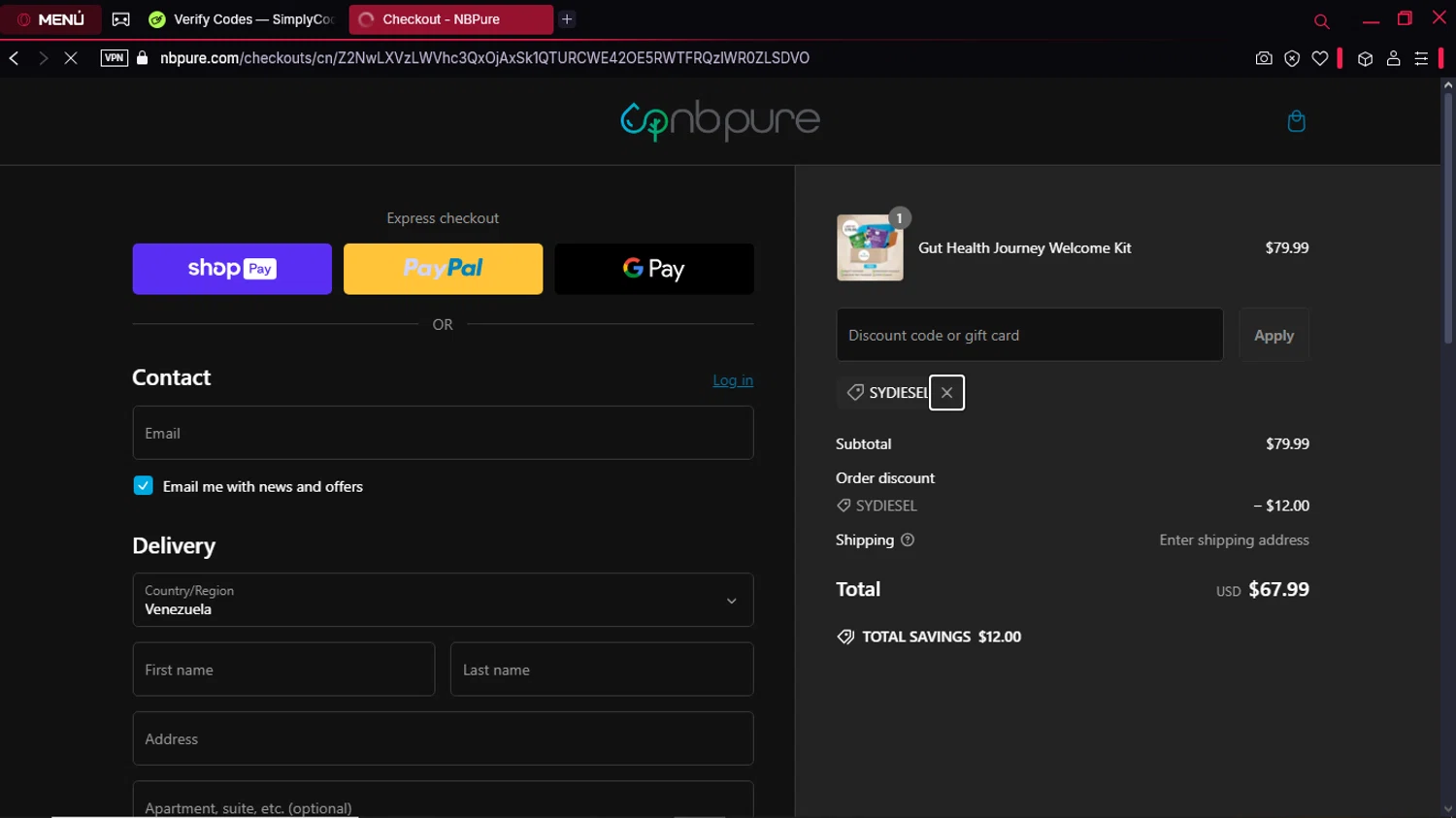 NB Pure promo code screenshot showing code SYDIESEL applied at NB Pure checkout page. Uploaded by SimplyCodes community member Gabrielpato on Feb 22, 2025