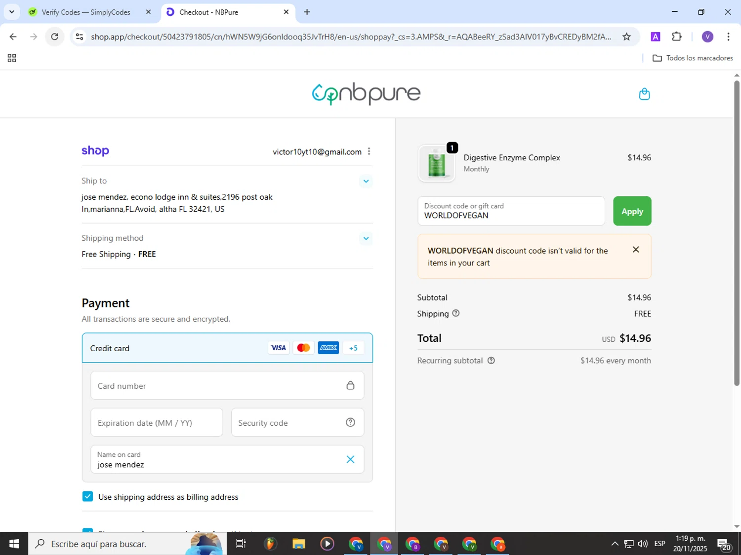 NB Pure promo code screenshot showing code WORLDOFVEGAN applied at NB Pure checkout page. Uploaded by SimplyCodes community member Gianpiero on Nov 20, 2025