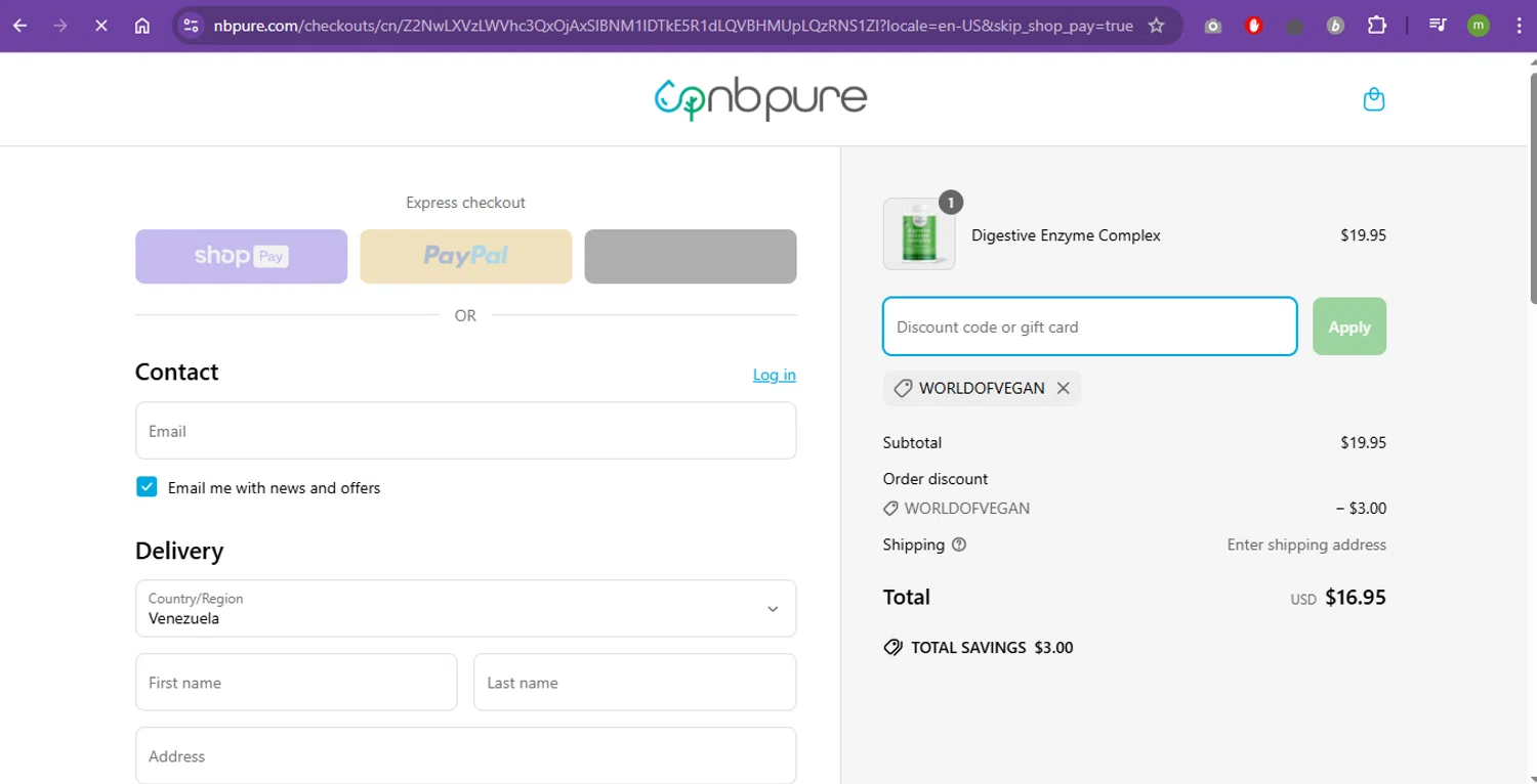 NB Pure promo code screenshot showing code WORLDOFVEGAN applied at NB Pure checkout page. Uploaded by SimplyCodes community member eduardolopez on Mar 18, 2025