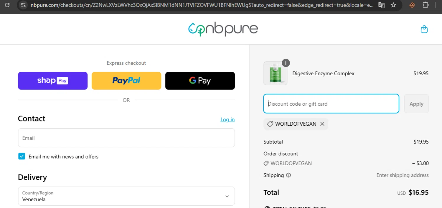 NB Pure promo code screenshot showing code WORLDOFVEGAN applied at NB Pure checkout page. Uploaded by SimplyCodes community member javierprez on Mar 18, 2025