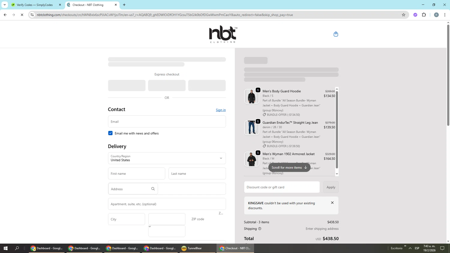 NBT Clothing checkout page showing NBT Clothing discount code box | Screenshot taken by SimplyCodes community member on Feb 19, 2026