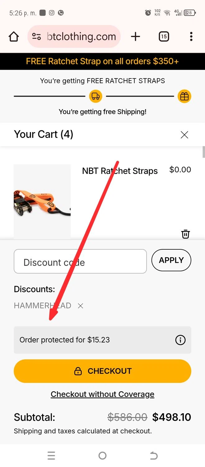 NBT Clothing discount code screenshot showing code HAMMERHEAD applied at NBT Clothing checkout page. Uploaded by SimplyCodes community member ADONAY on Oct 4, 2025