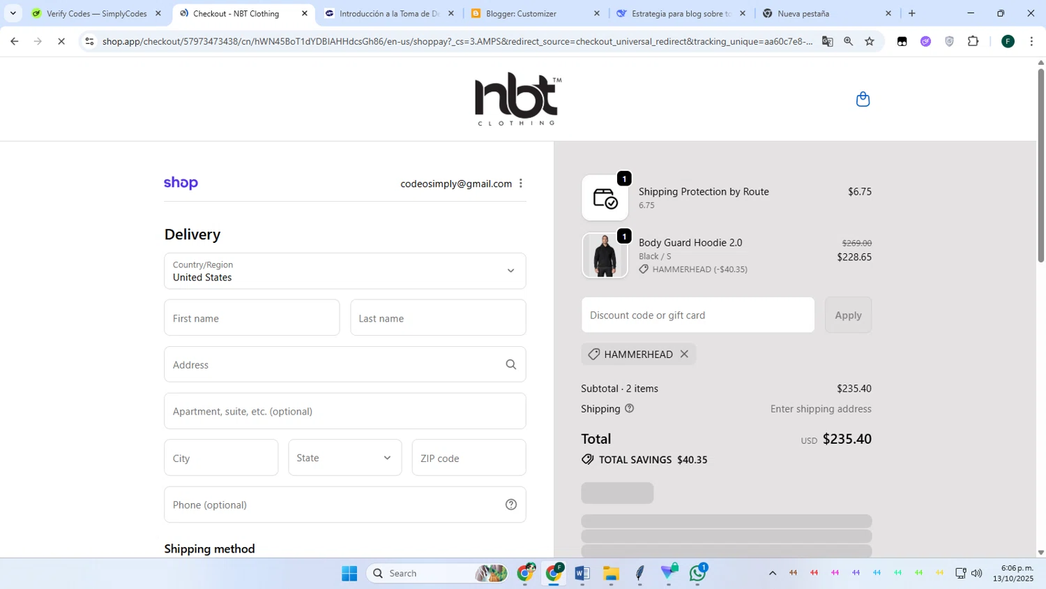 NBT Clothing discount code screenshot showing code HAMMERHEAD applied at NBT Clothing checkout page. Uploaded by SimplyCodes community member Juanse on Oct 13, 2025