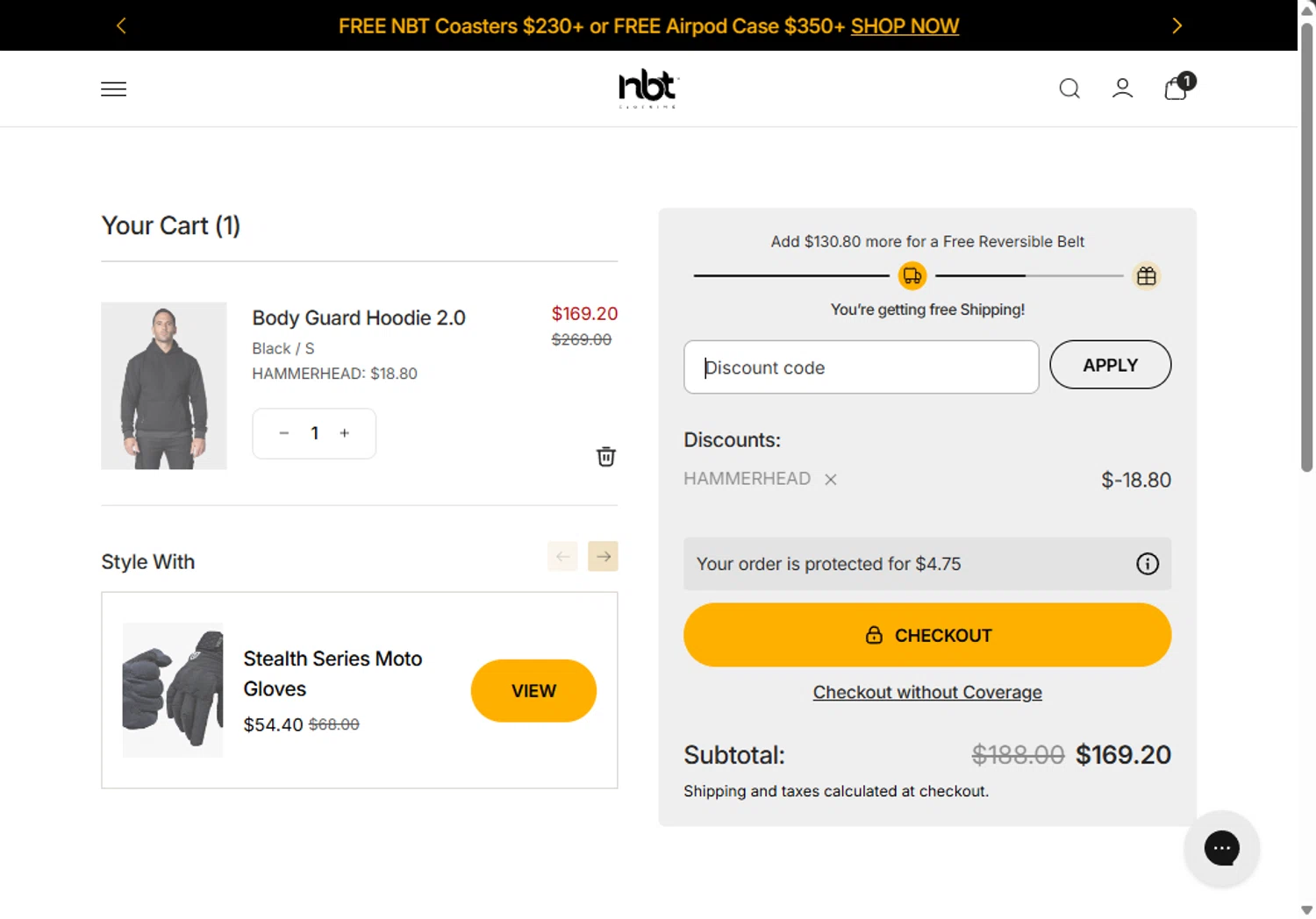 NBT Clothing discount code screenshot showing code HAMMERHEAD applied at NBT Clothing checkout page. Uploaded by SimplyCodes community member Santi_ago on Nov 23, 2025