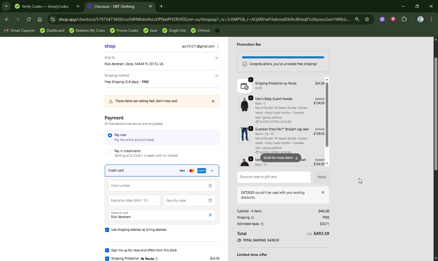 NBT Clothing checkout page showing NBT Clothing discount code box | Screenshot taken by SimplyCodes community member on Feb 19, 2026