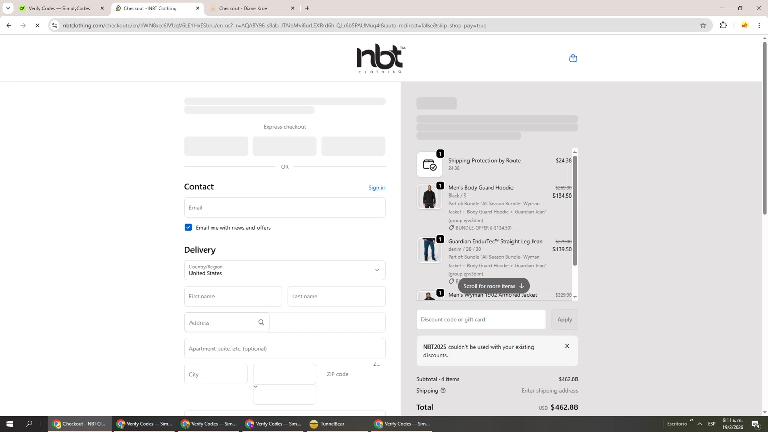 NBT Clothing checkout page showing NBT Clothing discount code box | Screenshot taken by SimplyCodes community member on Feb 19, 2026