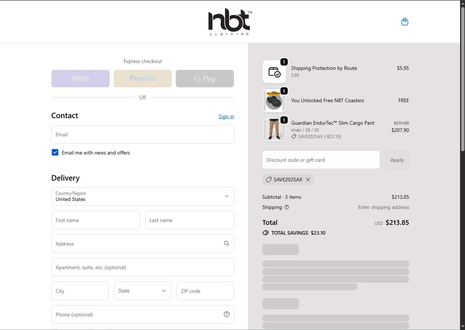NBT Clothing discount code screenshot showing code save2025ax applied at NBT Clothing checkout page. Uploaded by SimplyCodes community member BargainSaver8204 on Nov 24, 2025