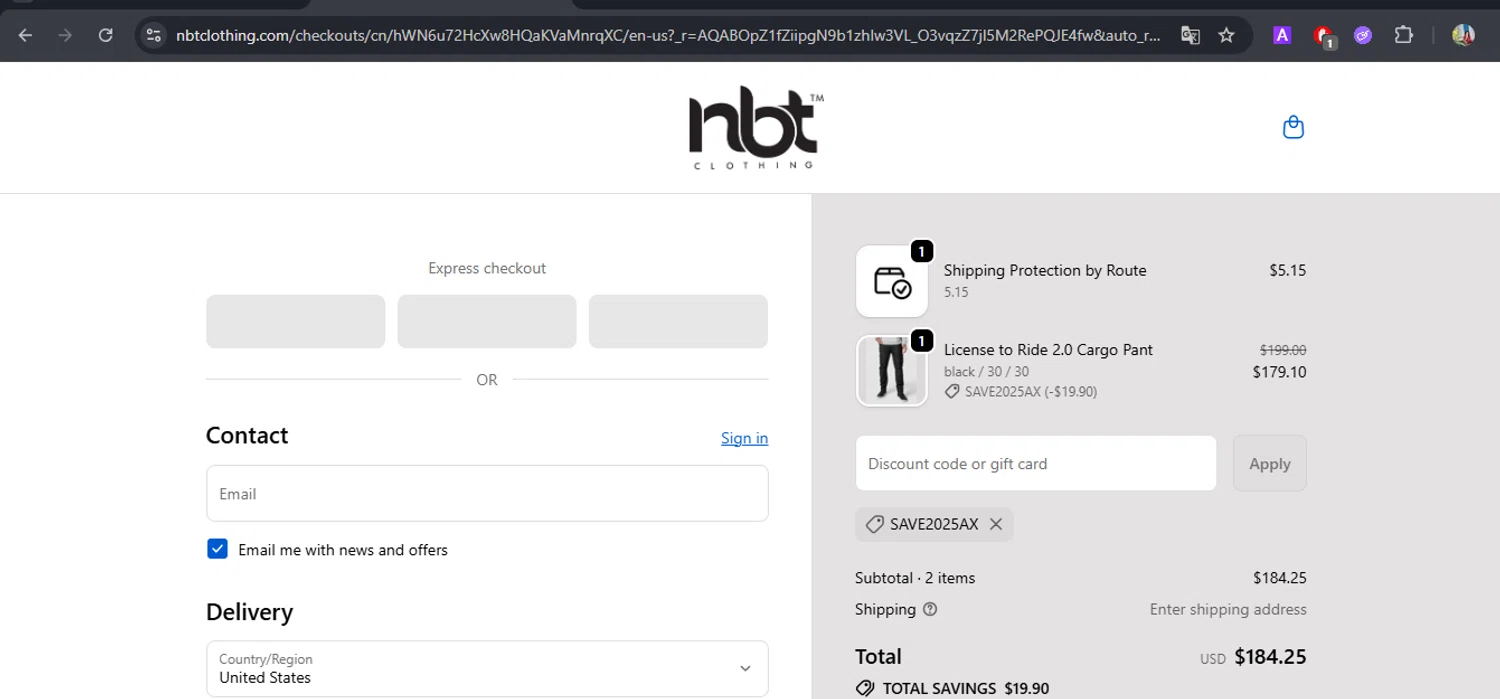 NBT Clothing discount code screenshot showing code save2025ax applied at NBT Clothing checkout page. Uploaded by SimplyCodes community member BrilliantFox7966 on Dec 27, 2025