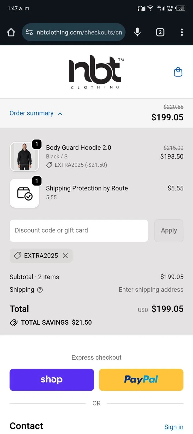 NBT Clothing discount code screenshot showing code EXTRA2025 applied at NBT Clothing checkout page. Uploaded by SimplyCodes community member Nickurtdale on Dec 27, 2025