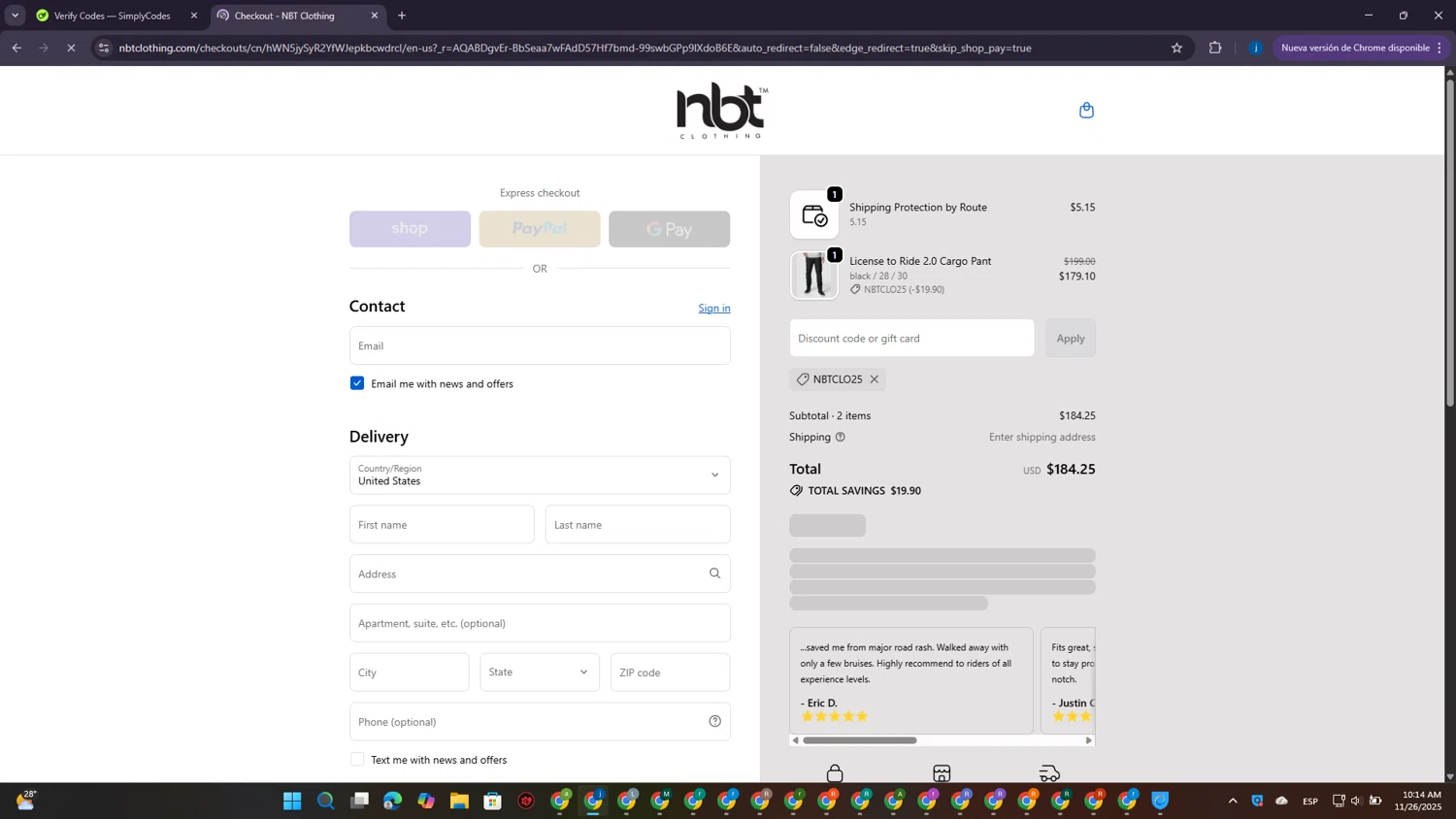NBT Clothing discount code screenshot showing code Nbtclo25 applied at NBT Clothing checkout page. Uploaded by SimplyCodes community member CrownElite7615 on Nov 26, 2025