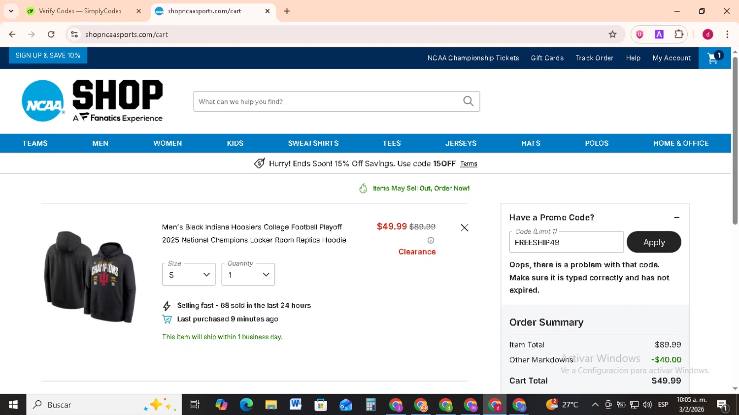 NCAA Store coupon code screenshot showing code FREESHIP49 applied at NCAA Store checkout page. Uploaded by SimplyCodes community member FrugalMonarch7277 on Feb 3, 2026