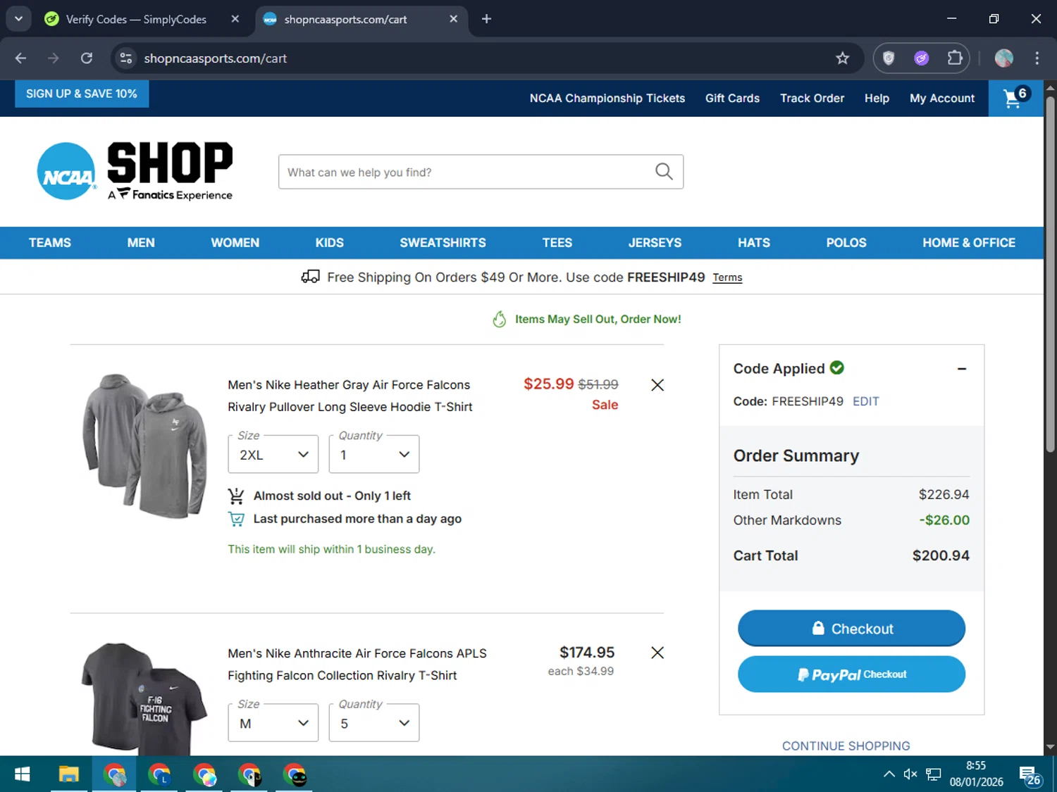 NCAA Store checkout page showing NCAA Store coupon code box | Screenshot taken by SimplyCodes community member on Jan 8, 2026