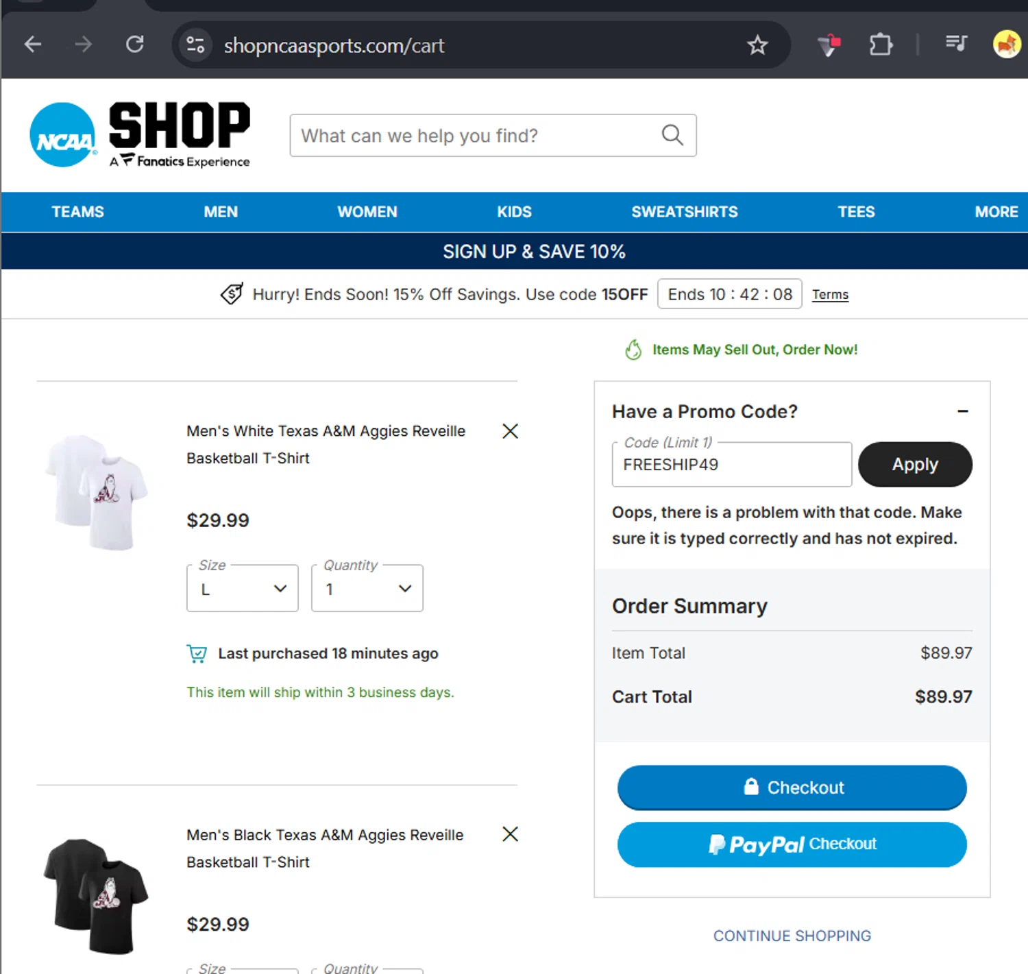 NCAA Store coupon code screenshot showing code FREESHIP49 applied at NCAA Store checkout page. Uploaded by SimplyCodes community member RafaLB on Feb 3, 2026