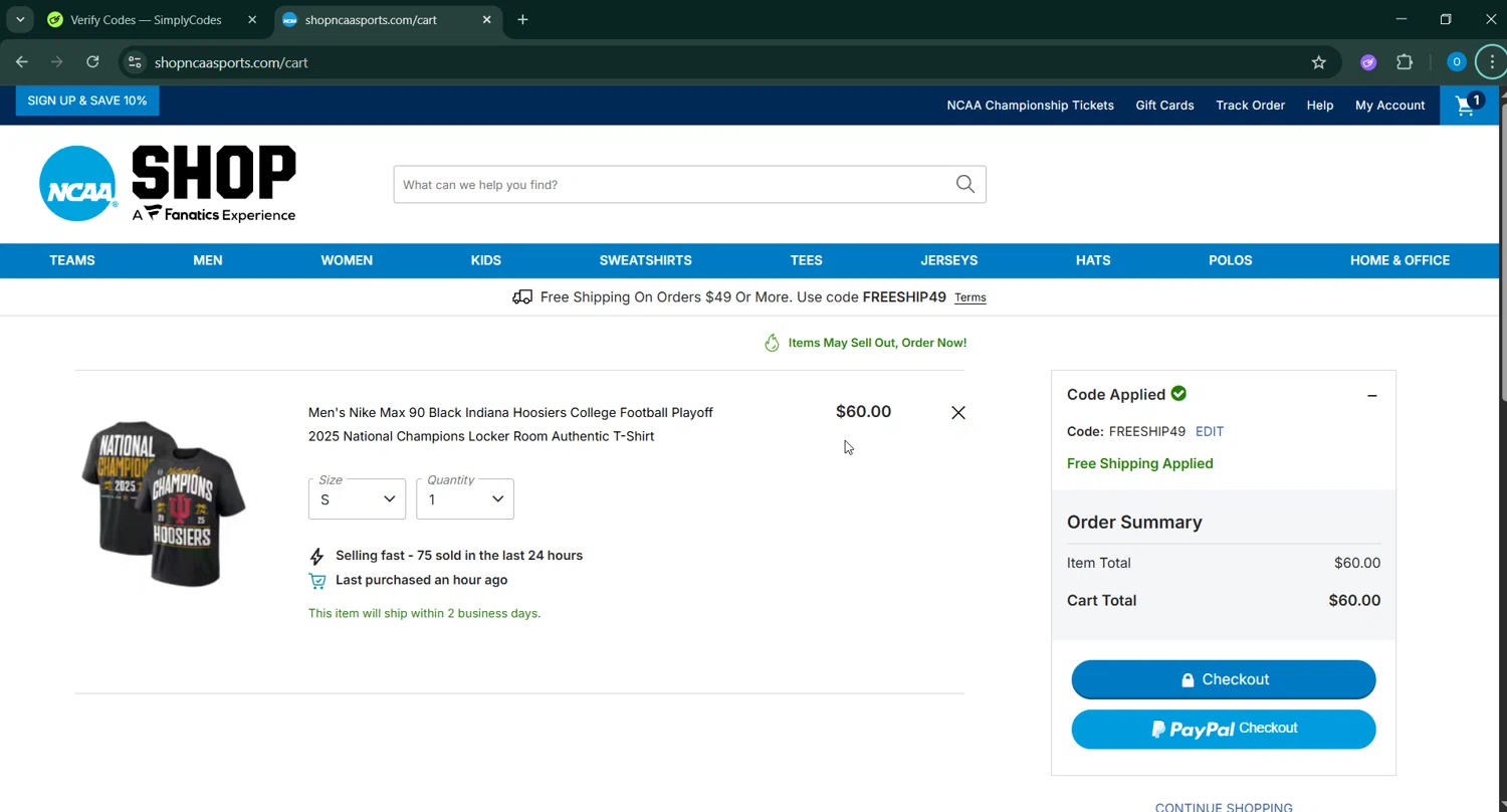 NCAA Store checkout page showing NCAA Store coupon code box | Screenshot taken by SimplyCodes community member on Jan 26, 2026