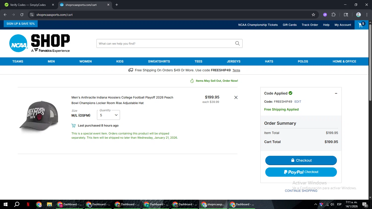 NCAA Store checkout page showing NCAA Store coupon code box | Screenshot taken by SimplyCodes community member on Jan 14, 2026