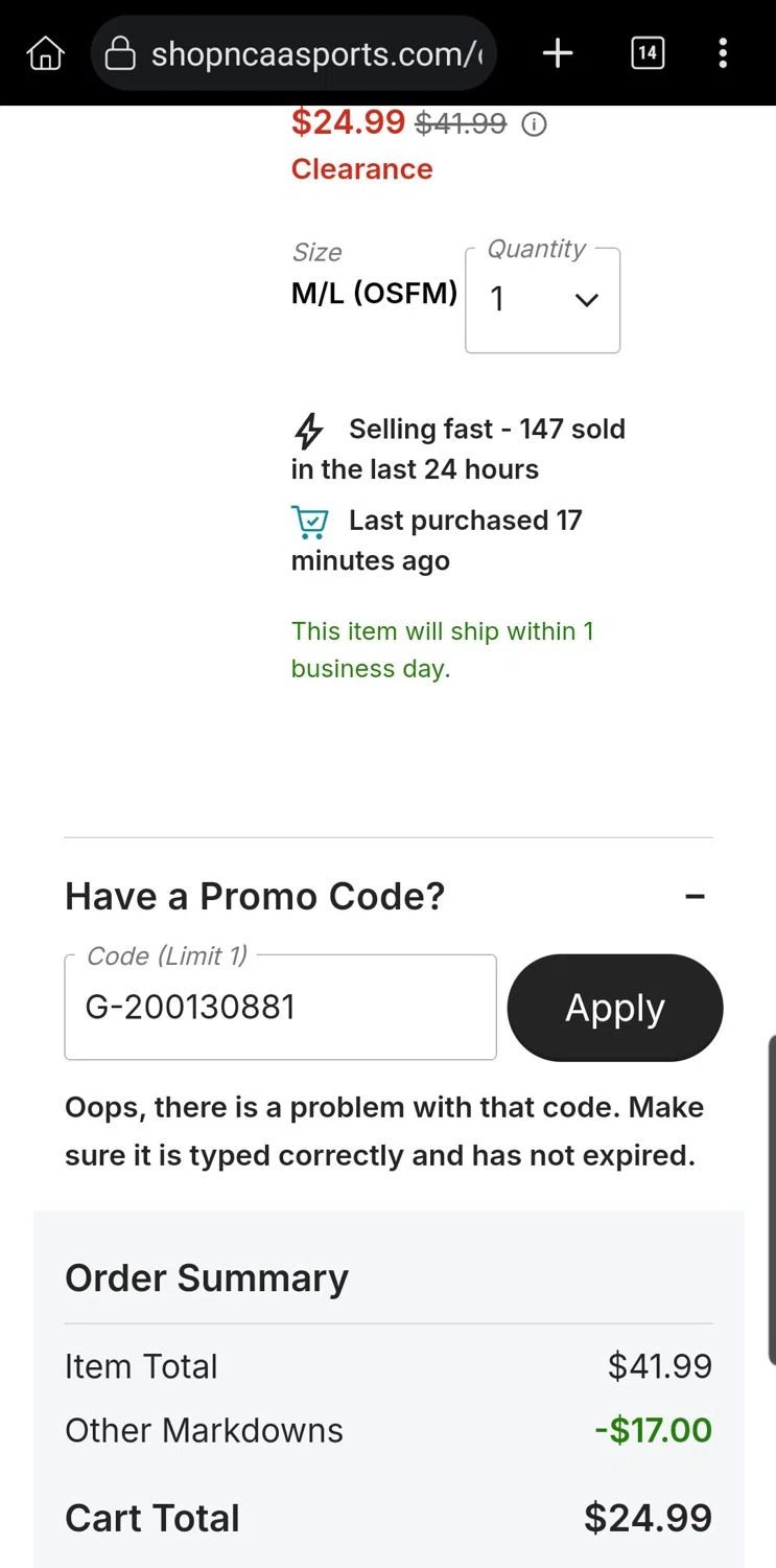 NCAA Store coupon code screenshot showing code 15off applied at NCAA Store checkout page. Uploaded by SimplyCodes community member Carloslvz on Jan 30, 2026