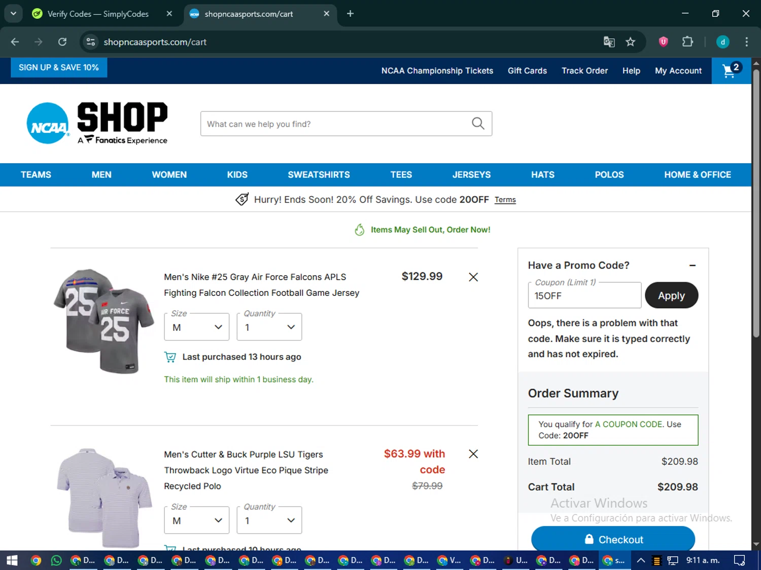 NCAA Store coupon code screenshot showing code 15off applied at NCAA Store checkout page. Uploaded by SimplyCodes community member CodeMaverick5767 on Oct 3, 2025