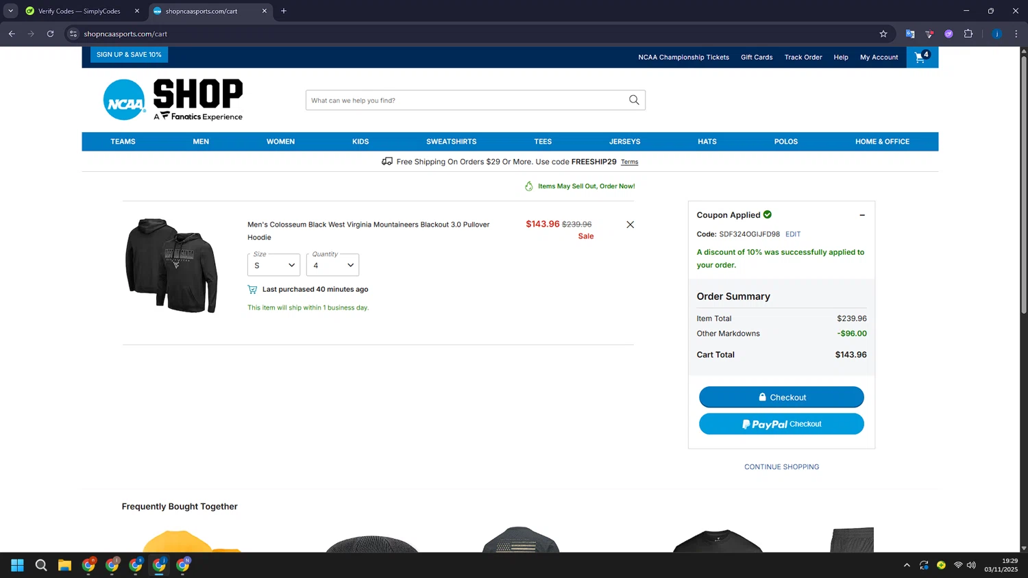 NCAA Store coupon code screenshot showing code SDF324OGIJFD98 applied at NCAA Store checkout page. Uploaded by SimplyCodes community member CashLegend3767 on Nov 3, 2025