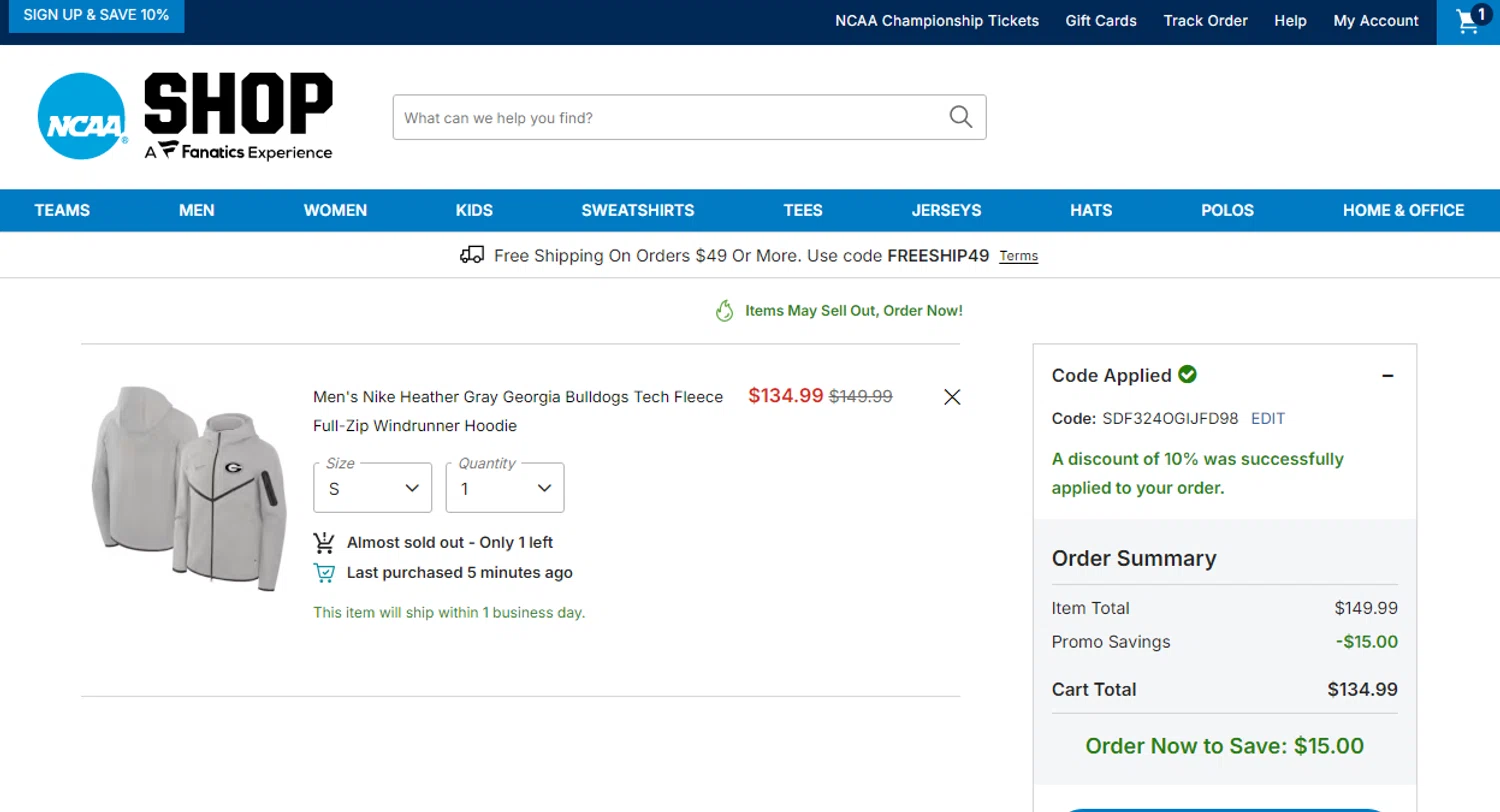 NCAA Store coupon code screenshot showing code SDF324OGIJFD98 applied at NCAA Store checkout page. Uploaded by SimplyCodes community member Yuskeilyn20 on Jan 7, 2026