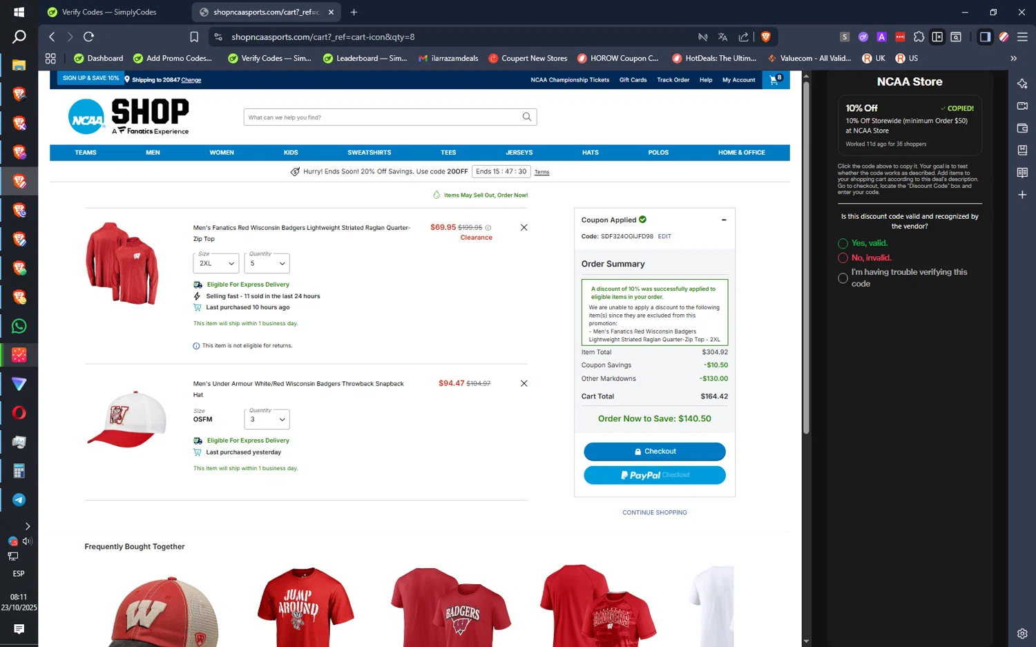 NCAA Store coupon code screenshot showing code SDF324OGIJFD98 applied at NCAA Store checkout page. Uploaded by SimplyCodes community member IronMind4607 on Oct 23, 2025
