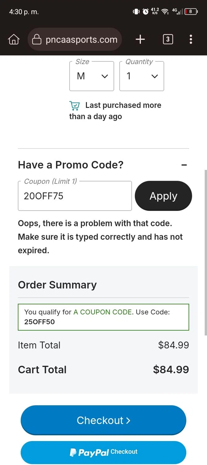 NCAA Store coupon code screenshot showing code 20OFF75 applied at NCAA Store checkout page. Uploaded by SimplyCodes community member ScanExpert7367 on Oct 26, 2025